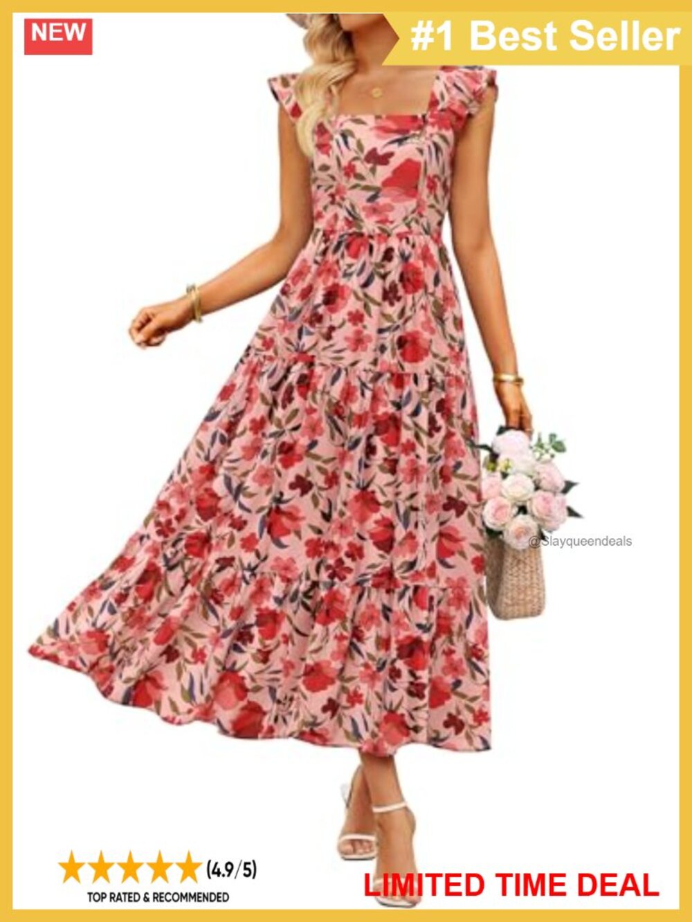 Boho Floral Midi Dress Ruffle Cap Sleeve Square Neck Smocked Back Summer